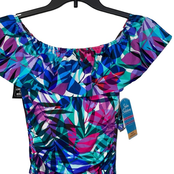 Swim Solutions Off the Shoulder Tummy Control 1piece Swimsuit Blue 8 - Picture 10 of 10